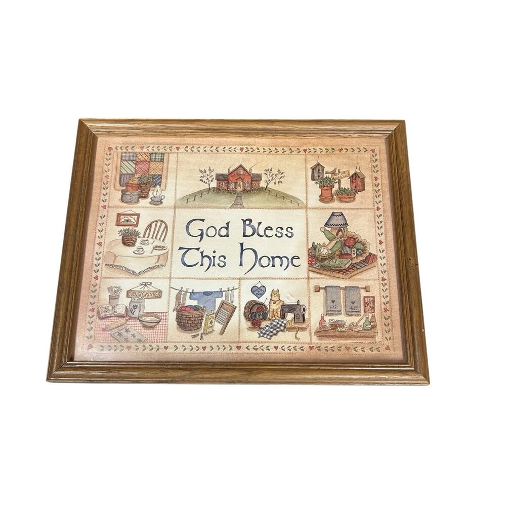 Vtg God Bless This Home Frame Wall Art Picture Anna Scott Folk Art Country 11x14